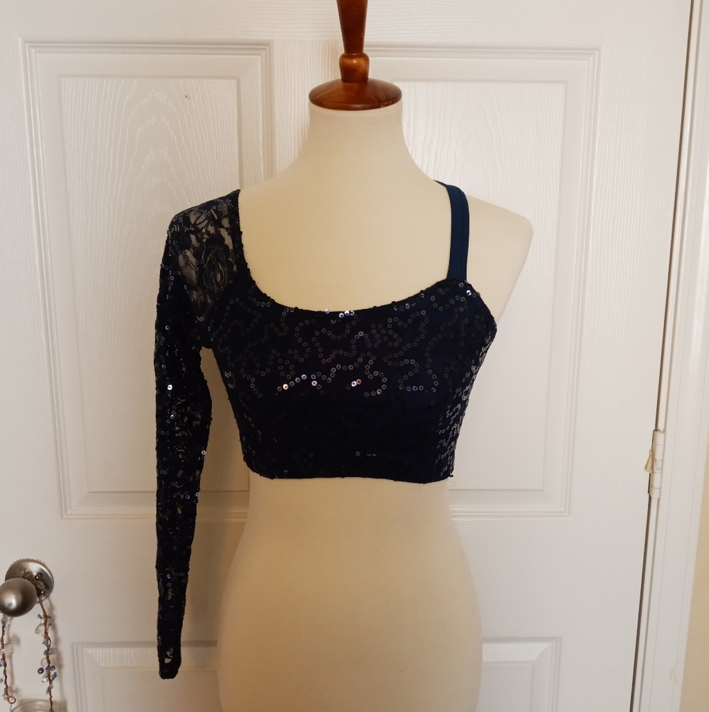 Distractions- Sequin Blue One Sleeve Dance Top